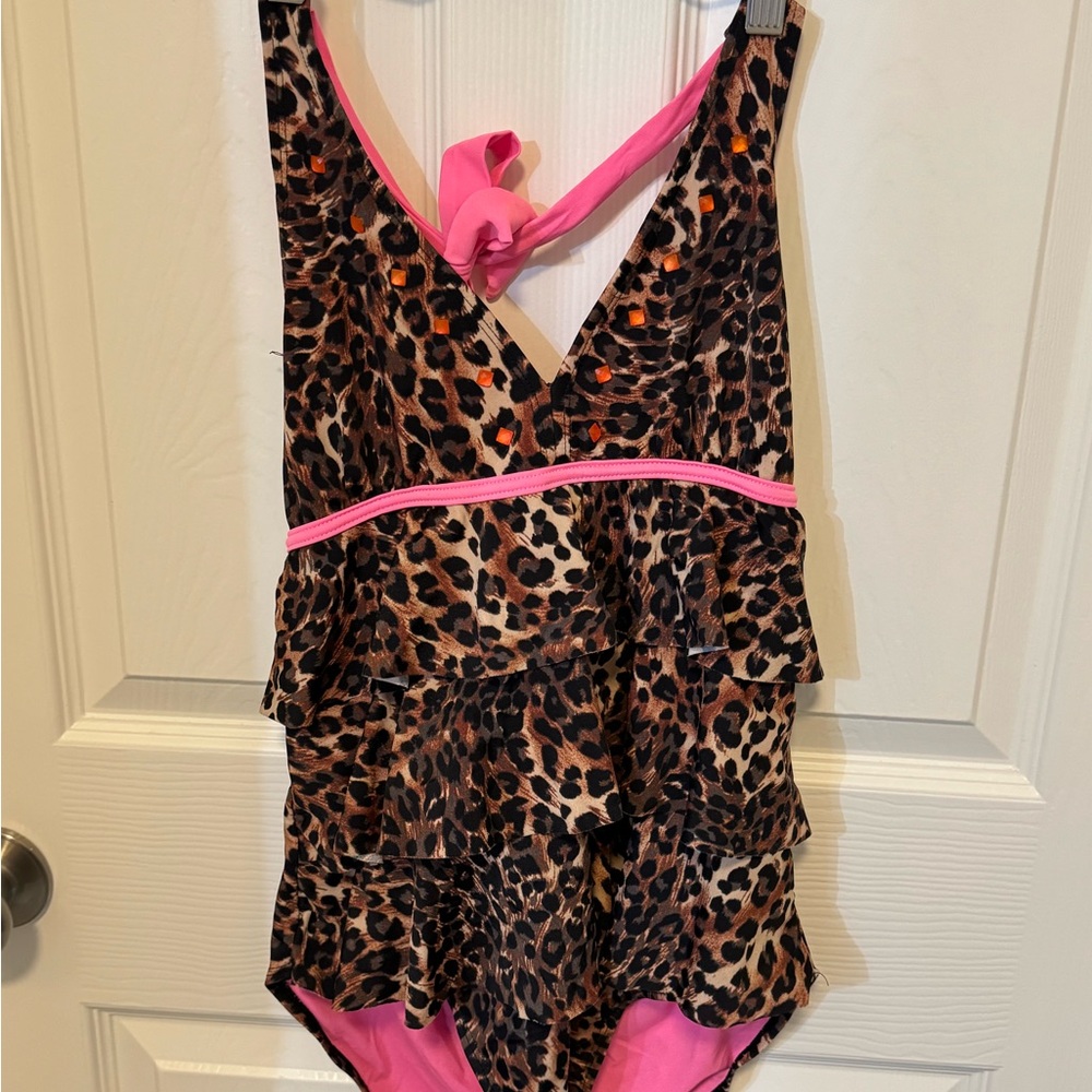 Justice for Girls Leopard Print Ruffled Swimsuit with Pink Accents